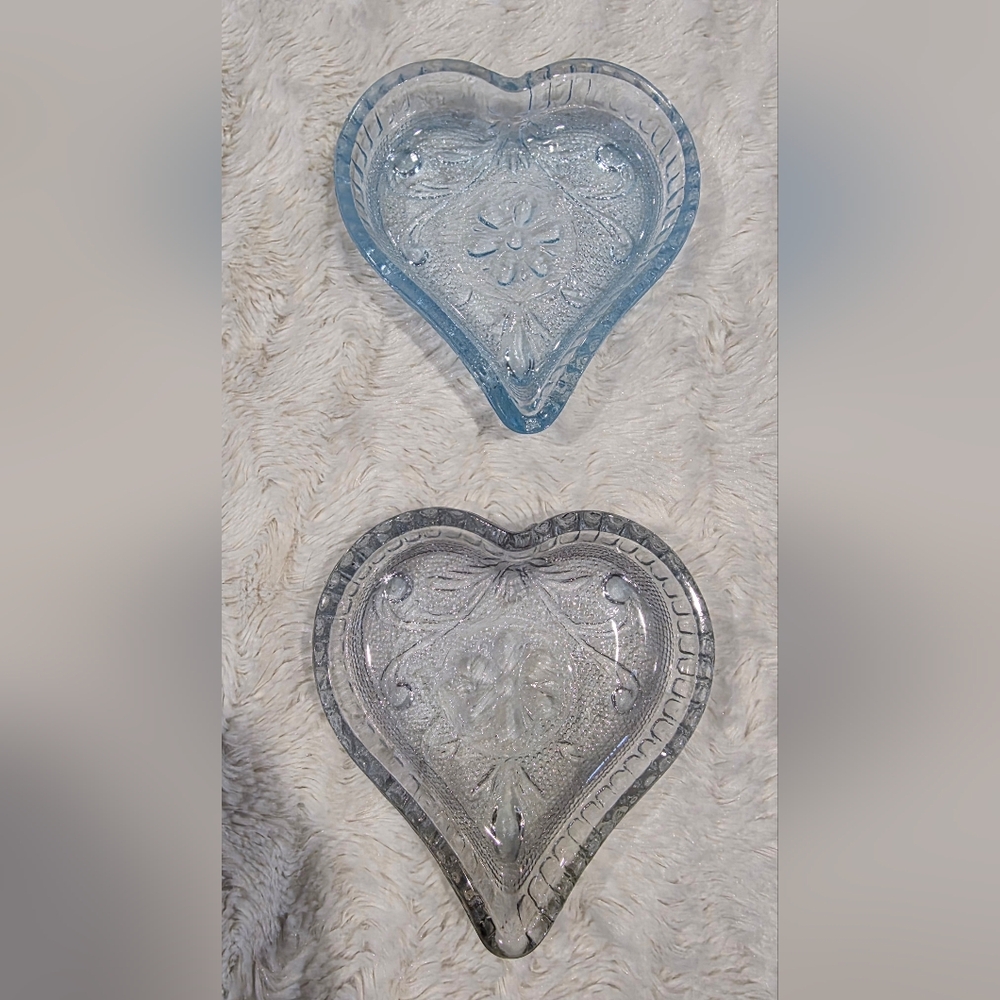 2pc Vintage Light Blue & Grey Heart Sandwich Glass Trinket Dish